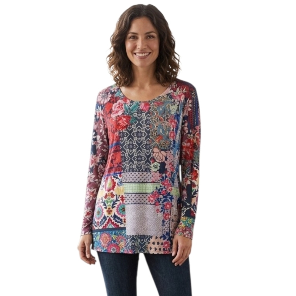Johnny Was Verdell Vibrant Floral Geometric Patchwork Long Sleeve Top Roses